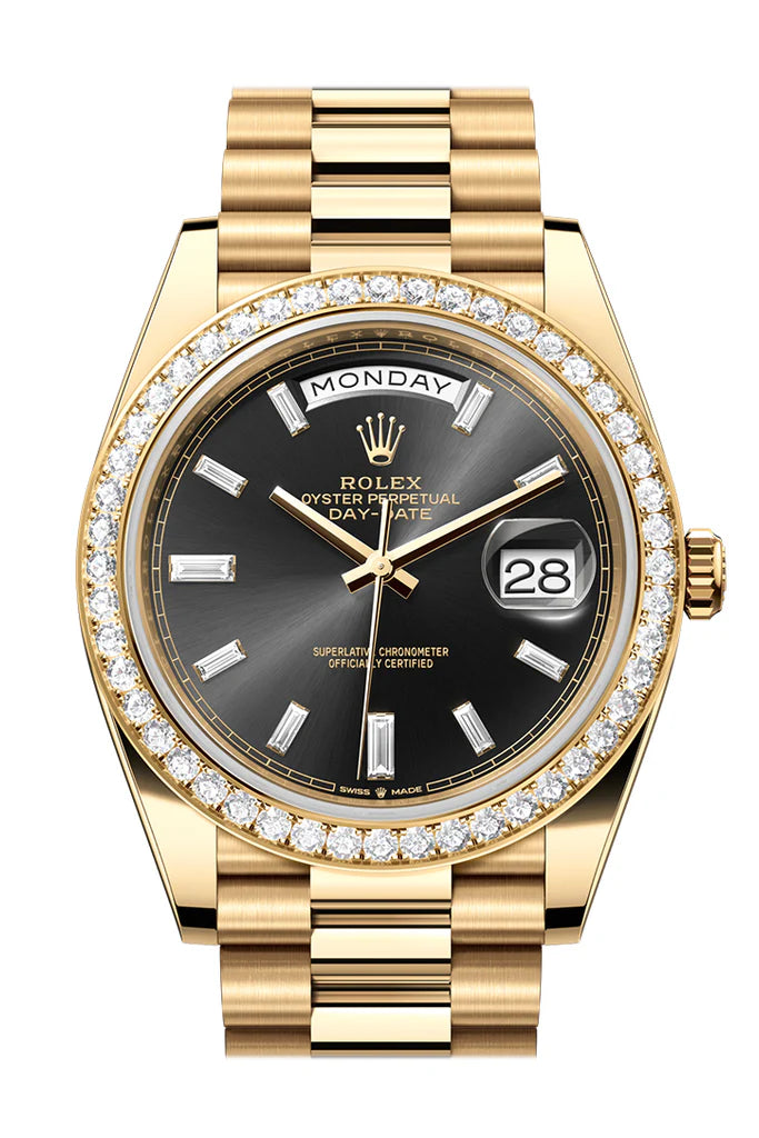 Rolex Day-Date 40 Bright Black Dial Diamonds Dial Bezel Yellow Gold President Men's Watch 228348RBR