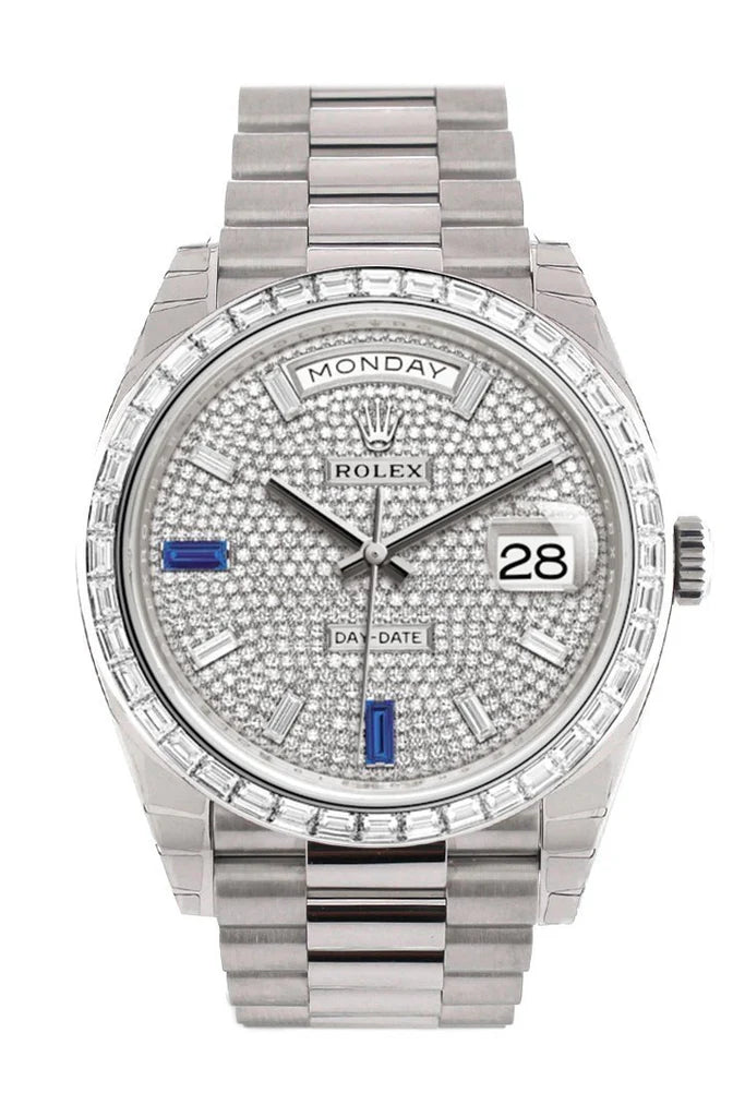 Rolex Day-Date 40 Paved Diamond Sapphires Dial 40 Baguette Diamond Bezel Platinum President Automatic Men's Watch 228396TBR