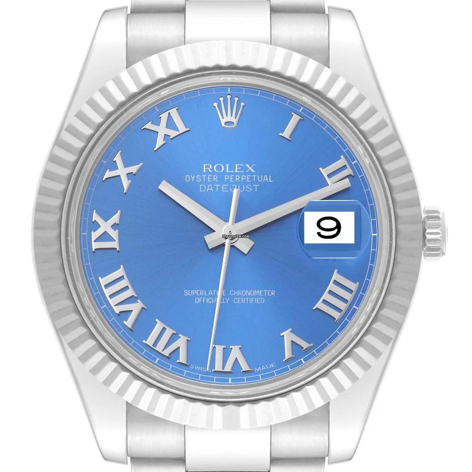 Rolex Datejust II 41 Blue Roman Dial 18kt White Gold Fluted Bezel Men's Watch (116334)