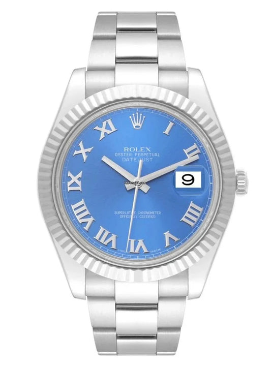 Rolex Datejust II 41 Blue Roman Dial 18kt White Gold Fluted Bezel Men's Watch (116334)