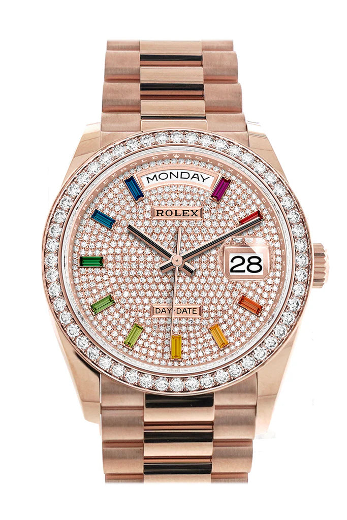 Rolex Day-Date 36 Everose Diamond Bezel, Diamond-Paved Rainbow Sapphire Dial, and President Bracelet (128345RBR)