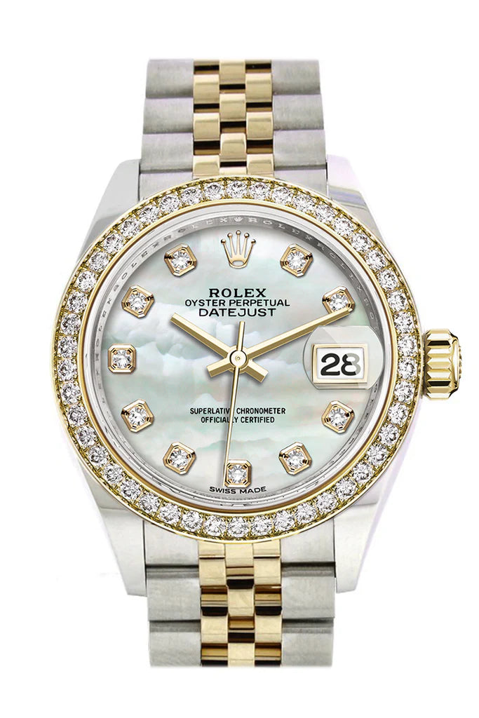 Rolex Datejust 28 White Mother-of-Pearl Set with Diamonds Dial Diamond Bezel Yellow Gold Jubilee Ladies Watch (279383RBR)