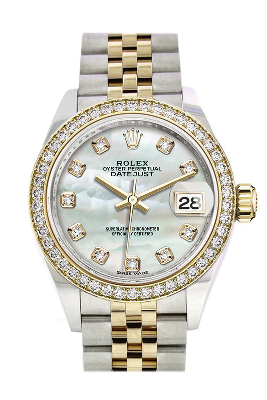 Rolex Datejust 28 White Mother-of-Pearl Set with Diamonds Dial Diamond Bezel Yellow Gold Jubilee Ladies Watch (279383RBR)