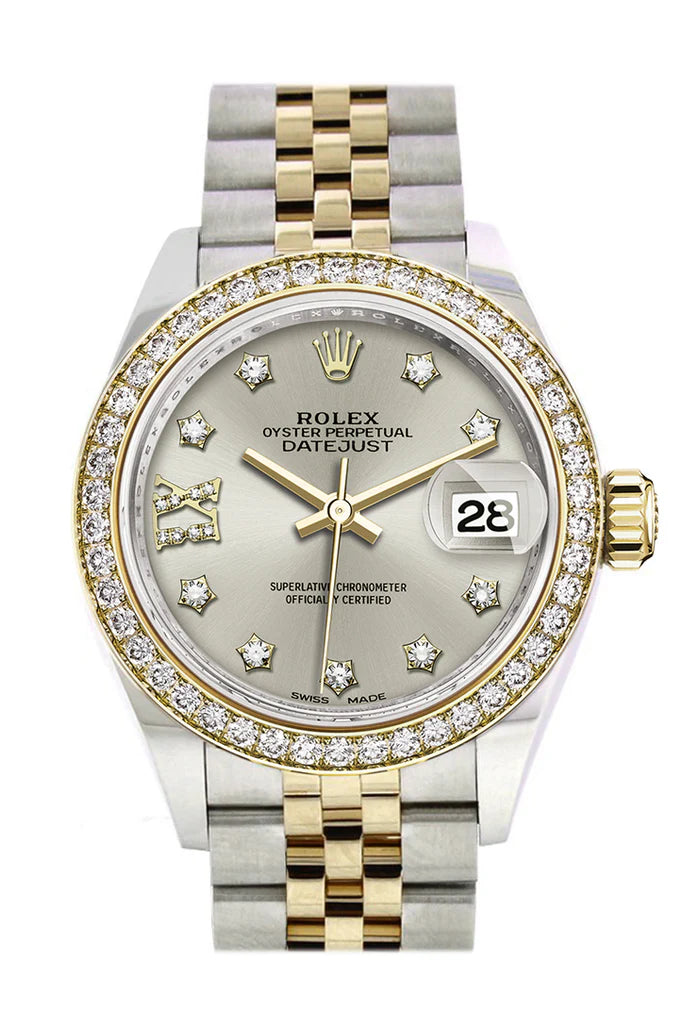 Rolex Datejust 28 Silver Diamond Star Dial Diamond Bezel Yellow Gold Jubilee Ladies Watch (279383RBR)