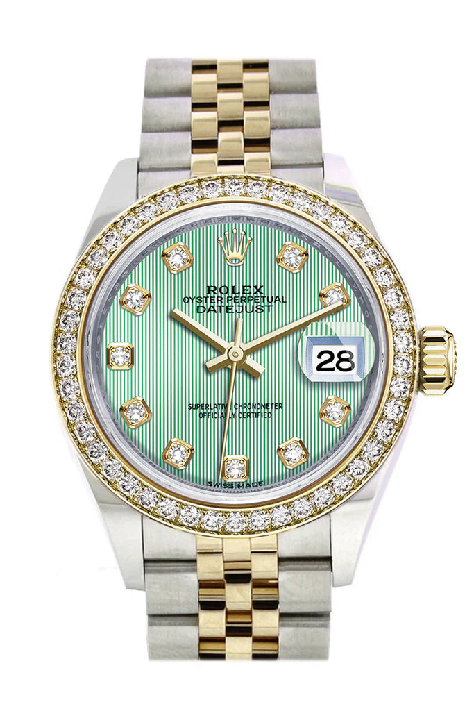 Rolex Datejust 28 Mint Green Set Diamond Star Dial Diamond Bezel Yellow Gold Jubilee Ladies Watch (279383RBR)