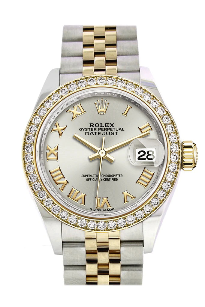 Rolex Datejust 28 Silver Roman Dial Diamond Bezel Yellow Gold Jubilee Ladies Watch (279383RBR)