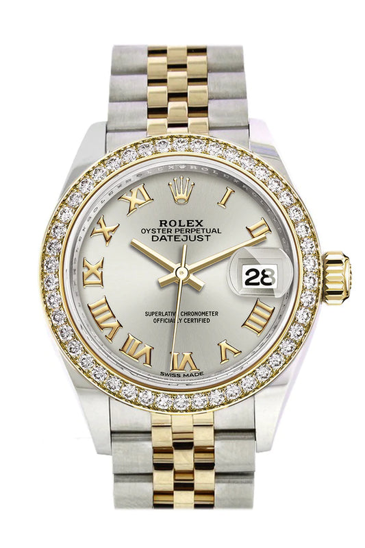 Rolex Datejust 28 Silver Roman Dial Diamond Bezel Yellow Gold Jubilee Ladies Watch (279383RBR)