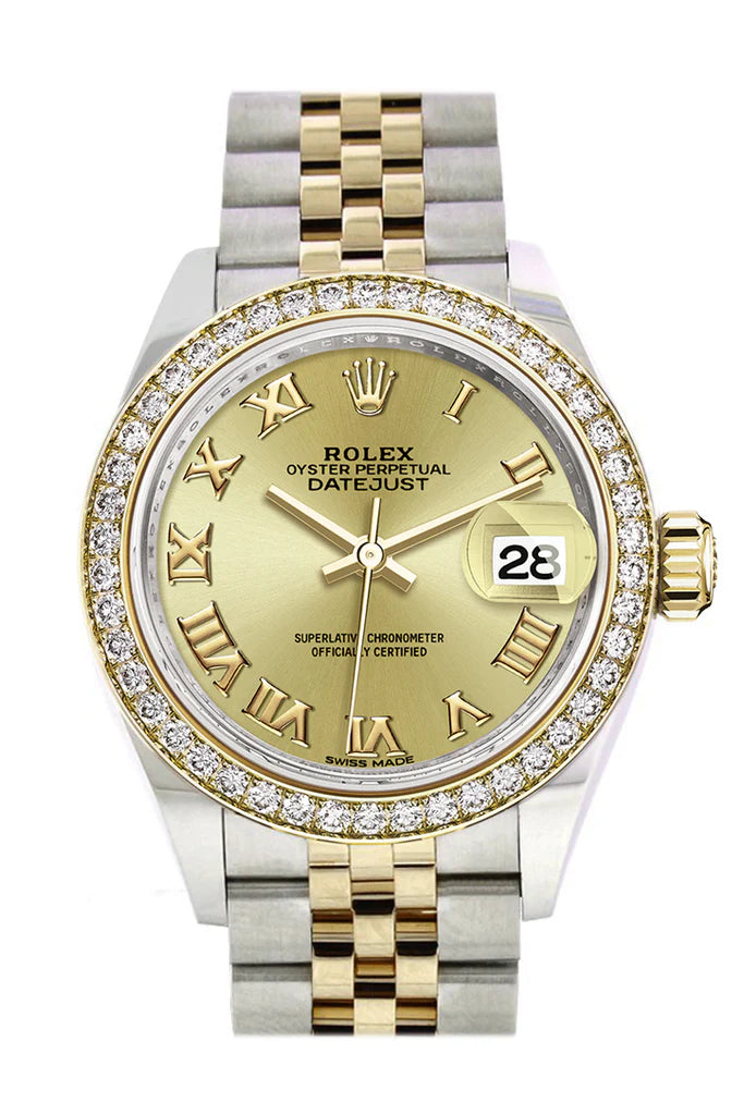 Rolex Datejust 28 Champagne Roman Dial Diamond Bezel Yellow Gold Jubilee Ladies Watch (279383RBR)