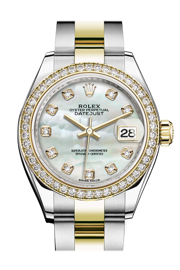 Rolex Datejust 28 White Mother-Of-Pearl Set With Diamonds Dial Diamond Bezel Yellow Gold oyster Ladies Watch (279383RBR)