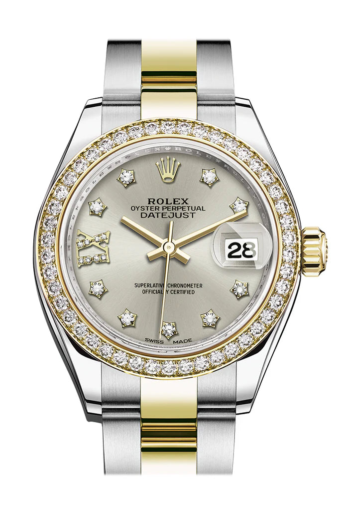 Rolex Datejust 28 Silver Diamond Star Dial Diamond Bezel Yellow Gold oyster Ladies Watch (279383RBR)