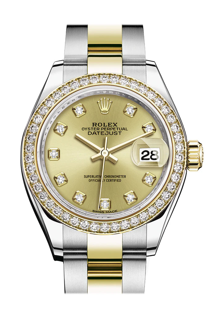 Rolex Datejust 28 Champagne Set With Diamonds Dial Diamond Bezel Yellow Gold Jubilee Ladies Watch (279383RBR)