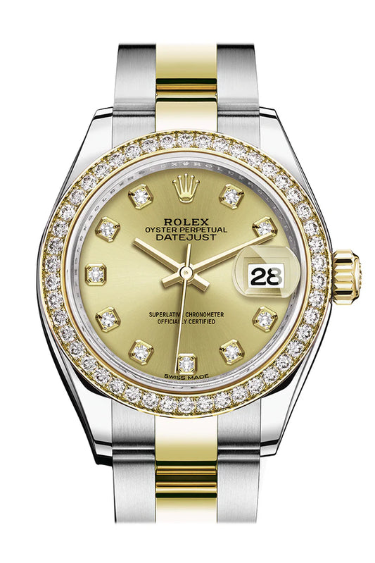 Rolex Datejust 28 Champagne Set With Diamonds Dial Diamond Bezel Yellow Gold Jubilee Ladies Watch (279383RBR)