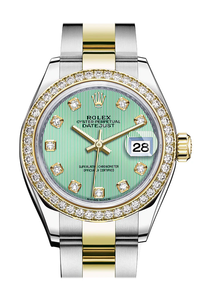 Rolex Datejust 28 Mint Green Set With Diamonds Dial Diamond Bezel Yellow Gold Jubilee Ladies Watch (279383RBR)