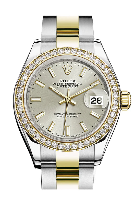 Rolex Datejust 28 Silver Dial Diamond Bezel Yellow Gold oyster Ladies Watch (279383RBR)