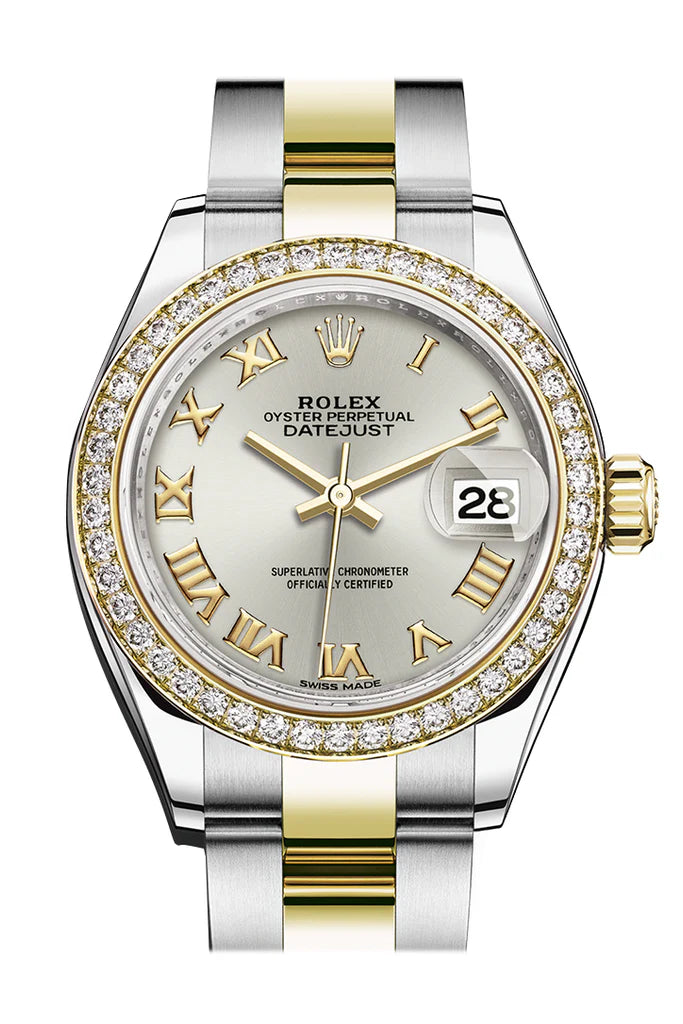 Rolex Datejust 28 Silver Roman Dial Diamond Bezel Yellow Gold oyster Ladies Watch (279383RBR)