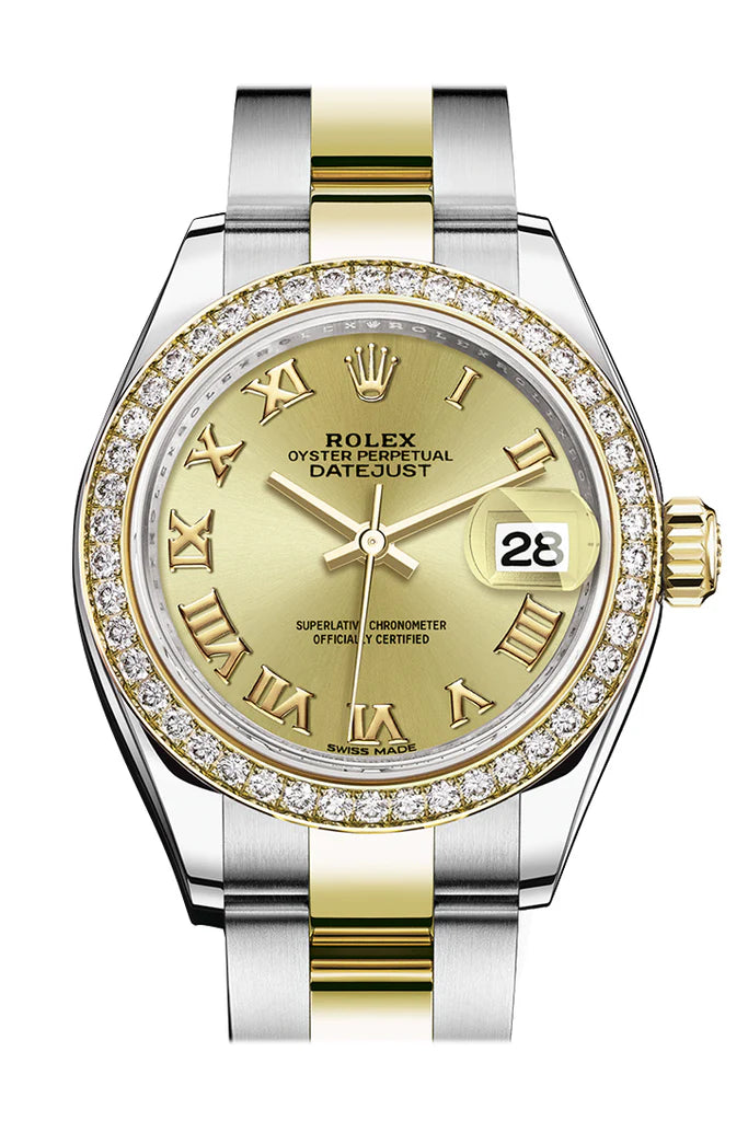 Rolex Datejust 28 Champagne Roman Dial Diamond Bezel Yellow Gold Jubilee Ladies Watch (279383RBR)