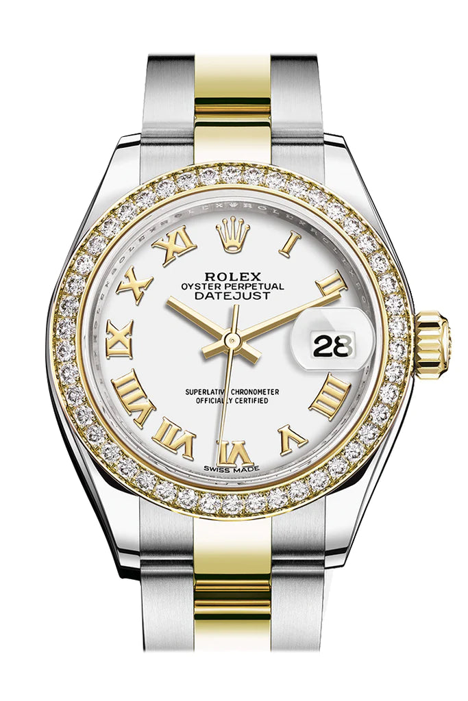 Rolex Datejust 28 White Roman Dial Diamond Bezel Yellow Gold Jubilee Ladies Watch (279383RBR)