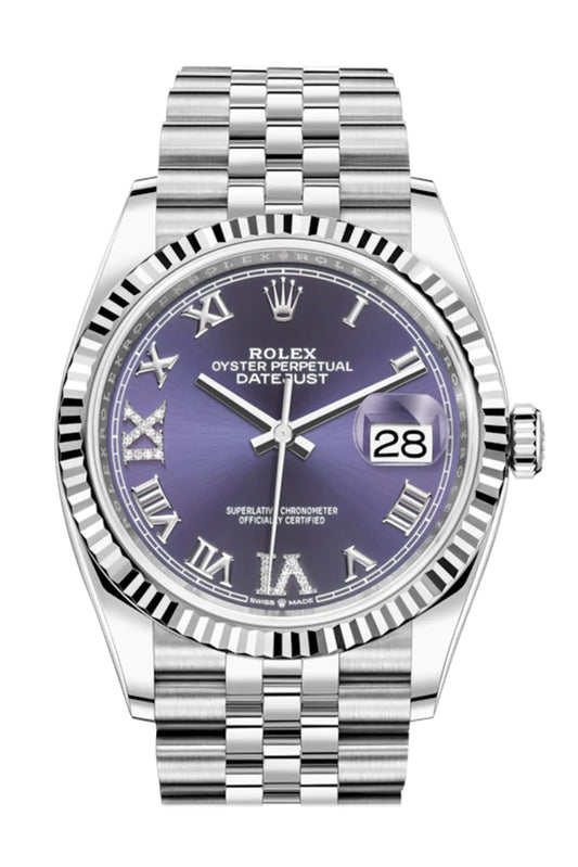 Rolex Datejust 36 Purple Roman VI And IX 24 Diamonds Dial Automatic Jubilee Watch (126234)