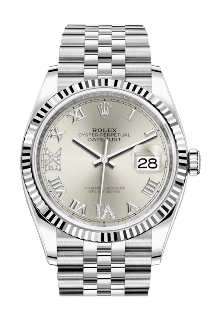 Rolex Datejust 36 Silver Roman VI And IX 24 Diamonds Dial Automatic Jubilee Watch (126234)