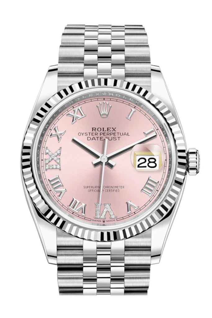 Rolex Datejust 36 Pink Roman VI And IX 24 Diamonds Dial Automatic Jubilee Watch (126234)