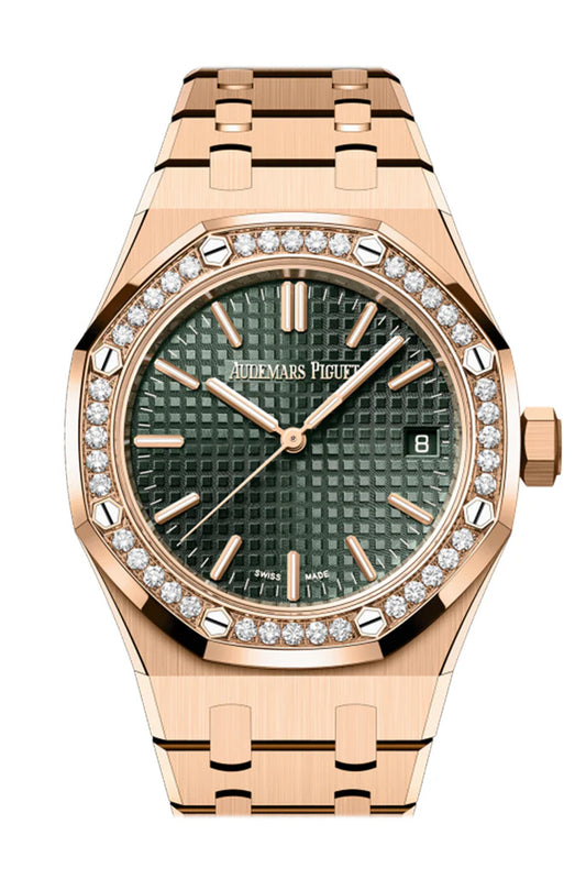 Audemars Piguet Royal Oak Khaki Green Dial Rose Gold Diamond Bezel Watch (15551OR.ZZ.1356OR.06)