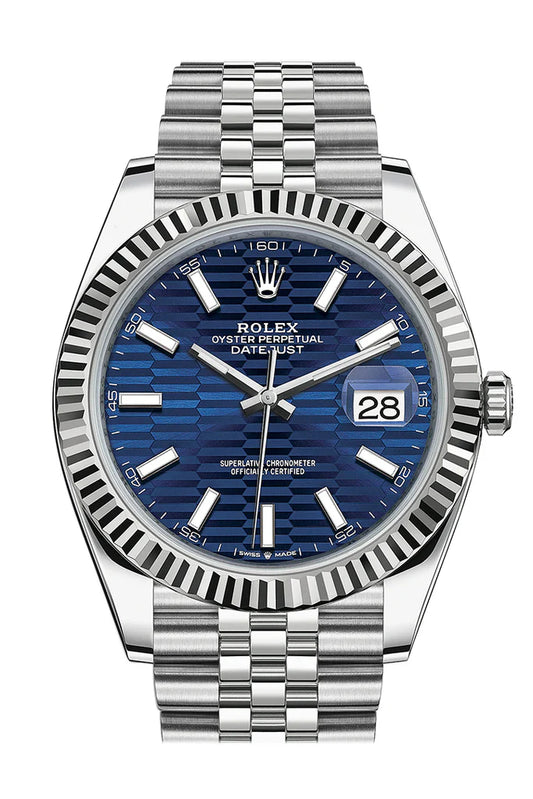 olex Datejust 41 White Gold/Steel Blue Fluted Motif Index Dial Fluted Bezel Jubilee Bracelet 126334