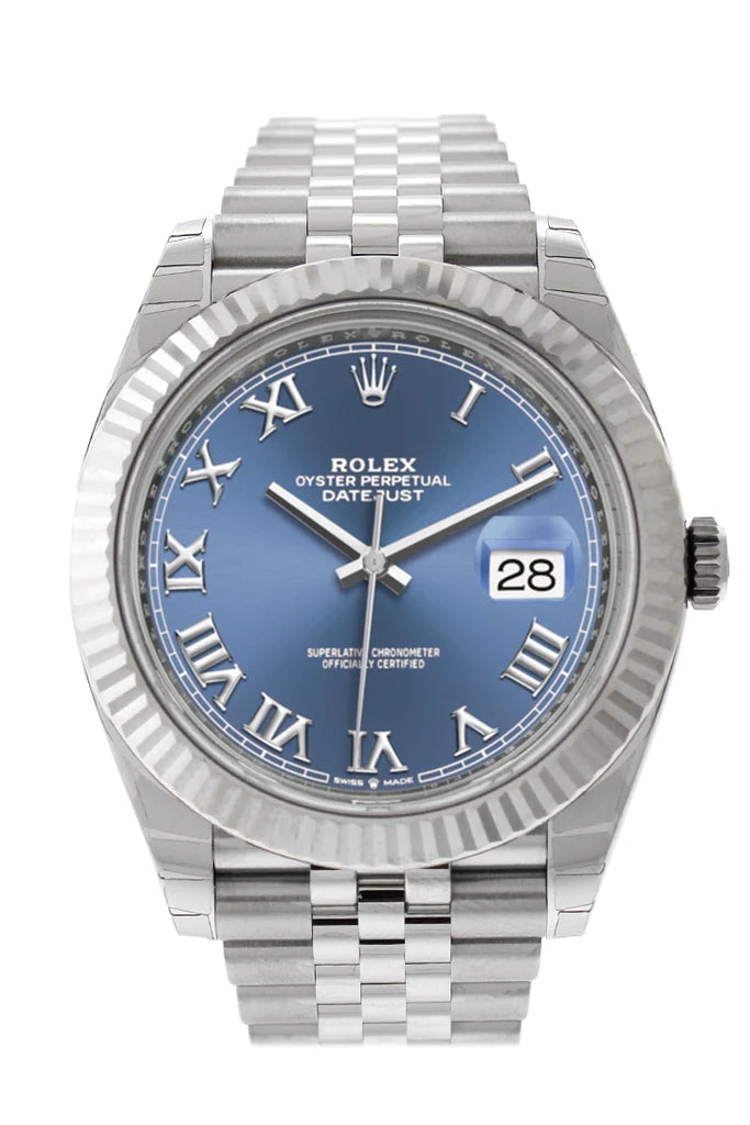 Rolex Datejust 41 Blue Roman Dial White Gold Fluted Bezel Jubilee Men's Watch (126334)