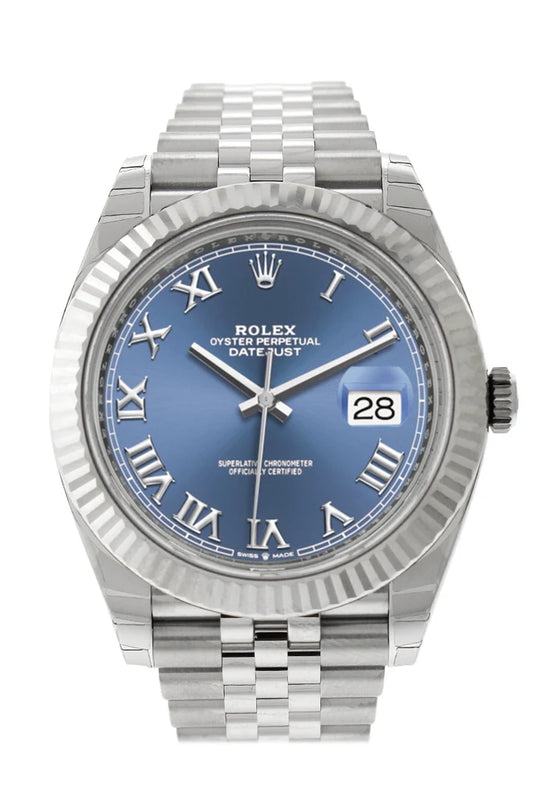 Rolex Datejust 41 Blue Roman Dial White Gold Fluted Bezel Jubilee Men's Watch (126334)