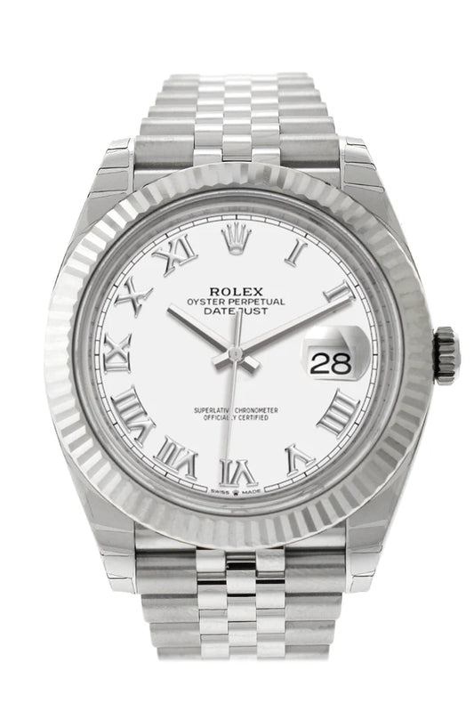 Rolex Datejust 41 White Roman Dial White Gold Fluted Bezel Jubilee Men's Watch (126334)