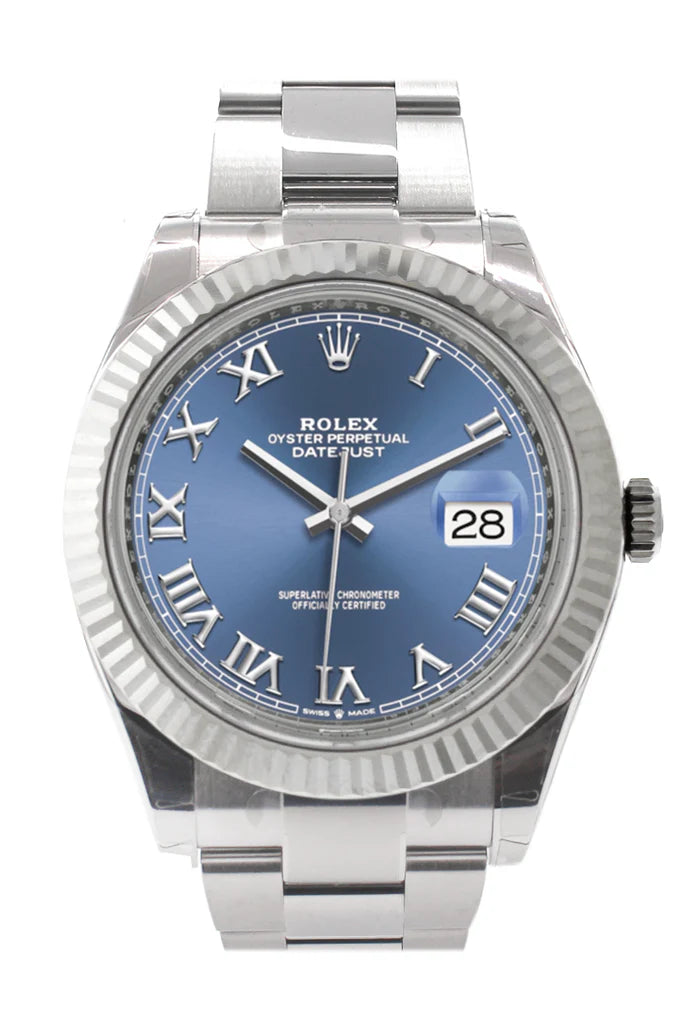 Rolex Datejust 41 Blue Roman Dial White Gold Fluted Bezel Oyster Men's Watch (126334)