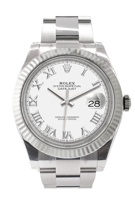 Rolex Datejust 41 White Roman Dial White Gold Fluted Bezel Oyster Men's Watch (126334)