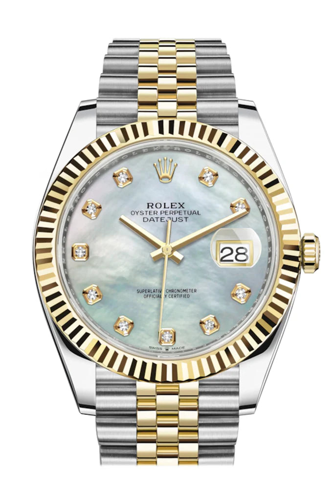 Rolex Datejust 41 Mother of Pearl Diamond Dial Fluted Bezel 18K Yellow Gold Jubilee Men's Watch (126333)