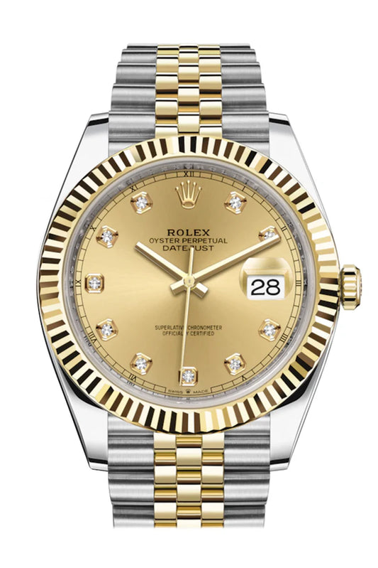 Rolex Datejust 41 Champagne Diamond Dial Fluted Bezel 18K Yellow Gold Jubilee Men's Watch (126333)