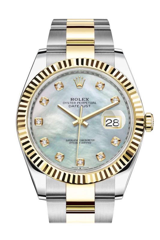 Rolex Datejust 41 Mother of Pearl Diamond Dial Fluted Bezel 18K Yellow Gold Jubilee Men's Watch (126333)