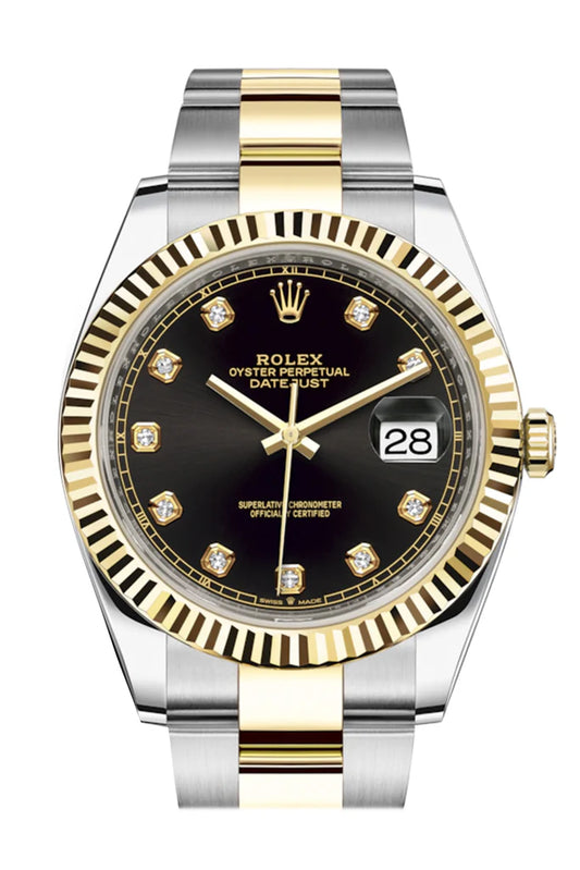 Rolex Datejust 41 Black Diamond Dial Fluted Bezel 18K Yellow Gold oyster Men's Watch (126333)