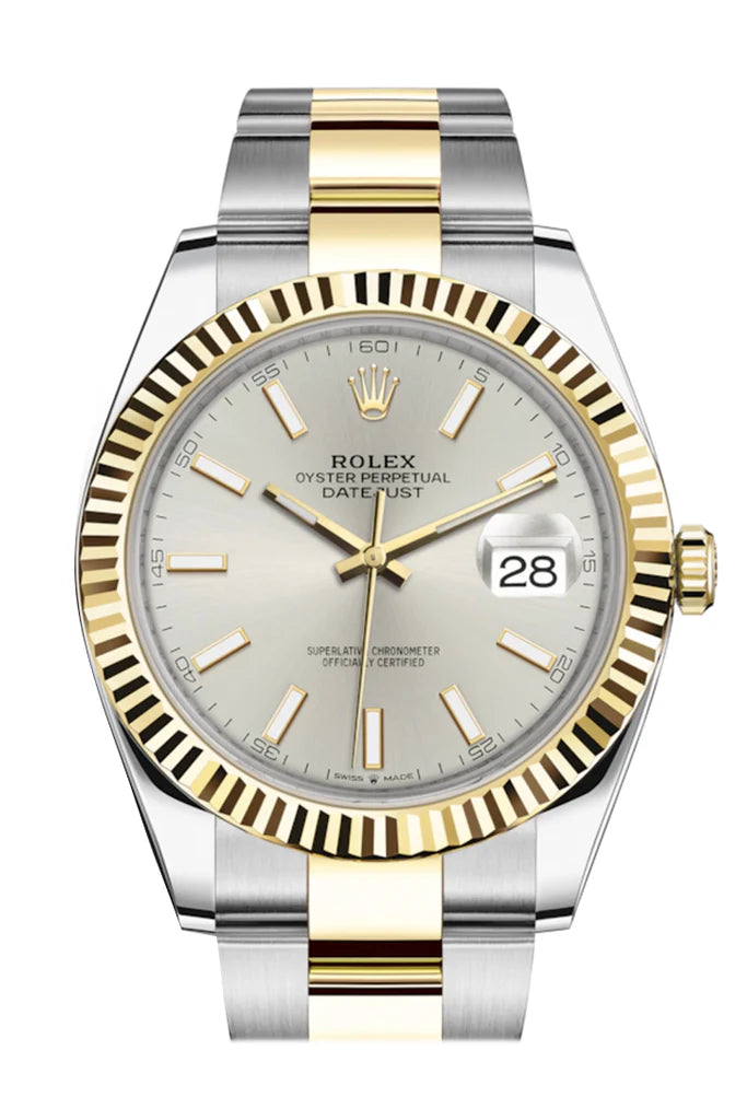 Rolex Datejust 41 Silver Dial Fluted Bezel 18K Yellow Gold Men's Watch (126333)