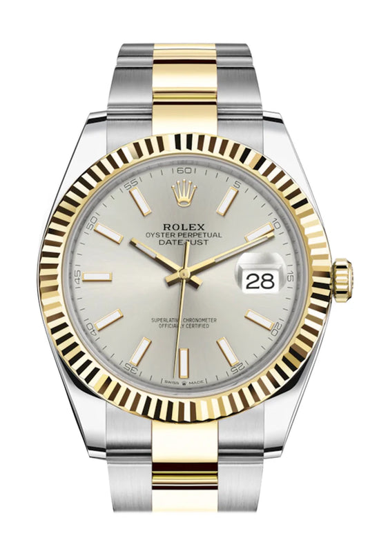 Rolex Datejust 41 Silver Dial Fluted Bezel 18K Yellow Gold Men's Watch (126333)