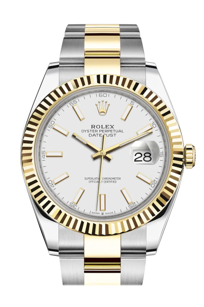 Rolex Datejust 41 White Dial Fluted Bezel 18K Yellow Gold Men's Watch (126333)