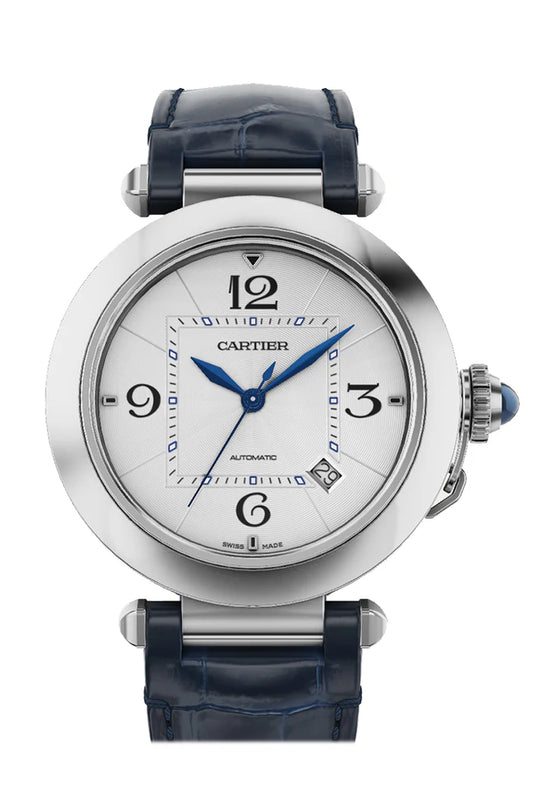 Cartier Steel Pasha Silver Dial Blue Croc WSPA0010