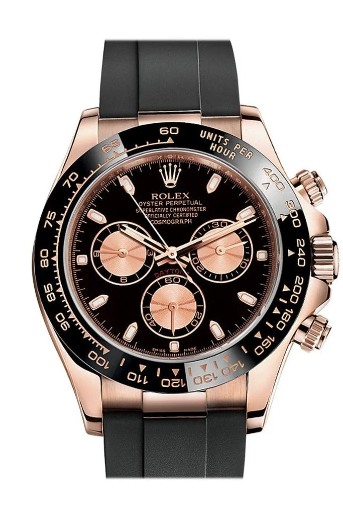 Rolex Cosmograph Daytona Black and Pink Dial Oysterflex Strap Men's Everose Watch 116515LN