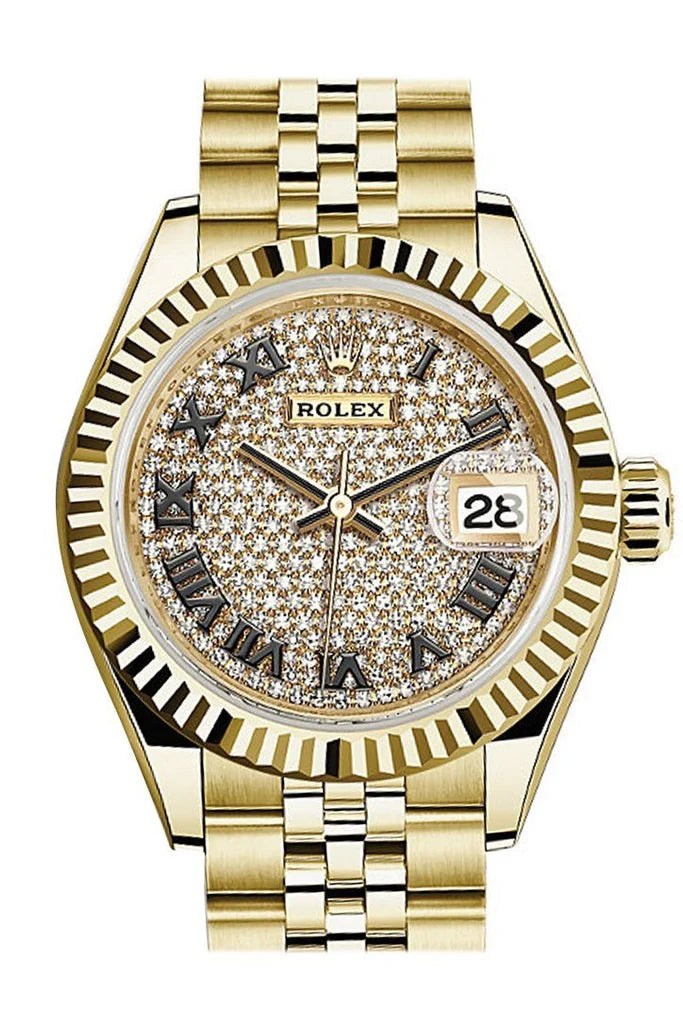 Rolex Datejust 28 Diamond-Paved Dial Fluted Bezel Jubilee Ladies Watch 279178