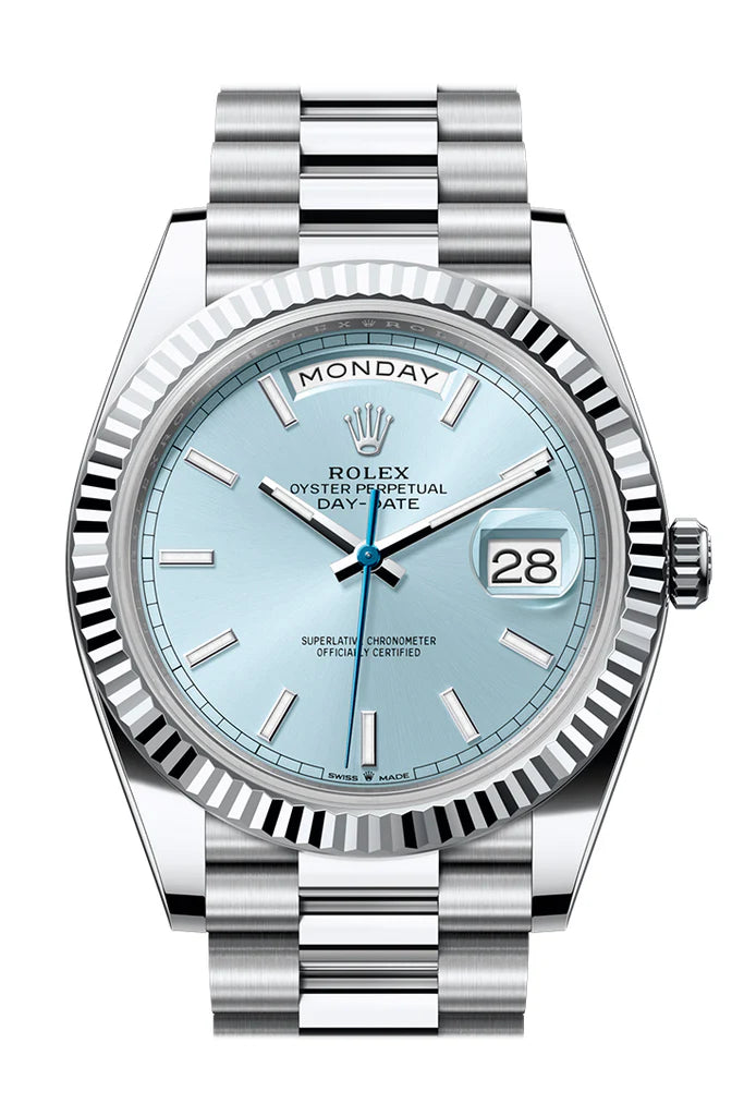 Rolex Day-Date 40 Ice Blue Dial Fluted Bezel Platinum President Men's Watch 228236