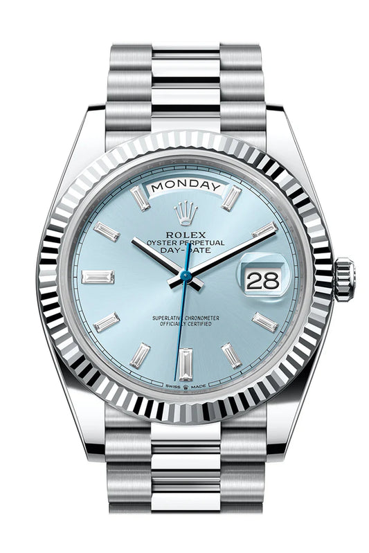 Rolex Day-Date 40 Ice Blue Diamond Dial Fluted Bezel Platinum President Men's Watch 228236