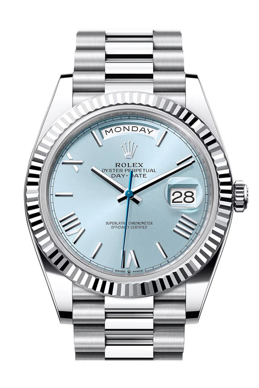 Rolex Day-Date 40 Ice Blue Roman Dial Fluted Bezel Platinum President Men's Watch 228236