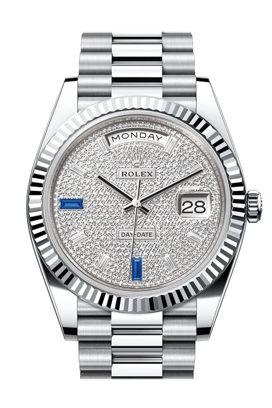 Rolex Day-Date 40 Diamond-Paved Dial Fluted Bezel Platinum President Men's Watch 228236