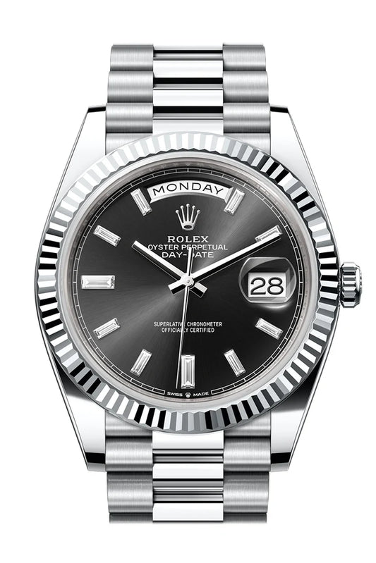 Rolex Day-Date 40 Bright Black 10 Baguette-Cut Diamonds Dial Fluted Bezel Platinum President Men's Watch 228236