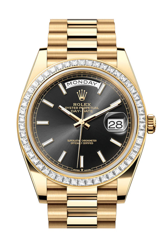 Rolex Day-Date 40 Black Dial Baguette Diamond Bezel 18K Yellow Gold President Men's Watch 228398TBR (Copy)