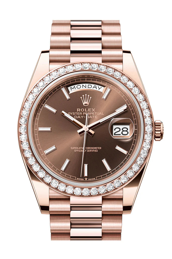 Rolex Day-Date 40 Chocolate Dial Diamond Bezel 18K Everose Gold President Men's Watch 228345RBR