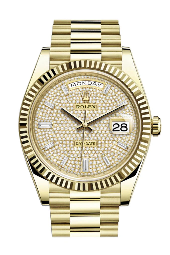 Rolex Day-Date 40 Diamond Paved 10 Baguette Diamond Dial 18K Yellow Gold President Automatic Men's Watch 228238