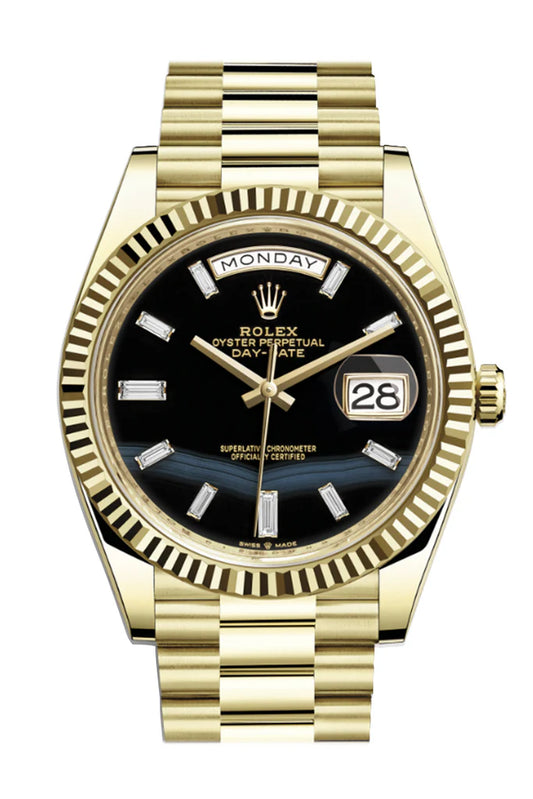 Rolex Day-Date 40 Onyx 10 Baguette Diamond Dial 18K Yellow Gold President Automatic Men's Watch 228238